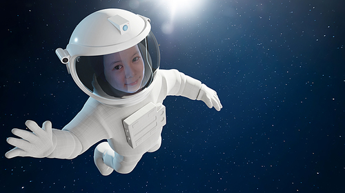 Adorable little cute girl Astronaut waving hand in outer space.