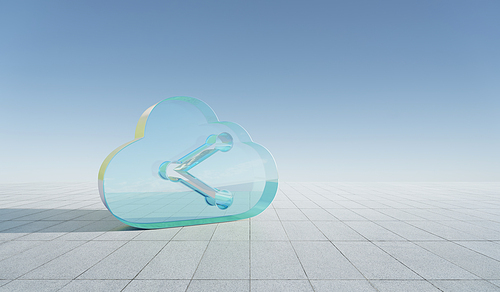 3d rendering digital techno transparent glass symbol of cloud with data share icon on floor with blue sky background.