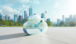 Transparent glass symbol of cloud with data share icon on floor with green city background. Mixed media