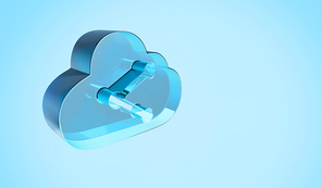 3d rendering digital techno transparent glass symbol of cloud with data share icon isolated on blue background