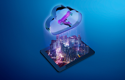 Virtual night city in digital tablet uploading data to digital cloud storage. Abstract futuristic cloud fast speed technology concept. Mixed media