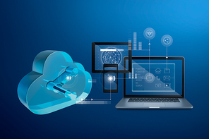 Cloud storage technology concept with computer, digital tablet, smartphone and upload download data information design.