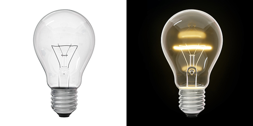 Lit and unlit transparent light bulbs isolated on black and white background. Clipping path include. 3d rendering.