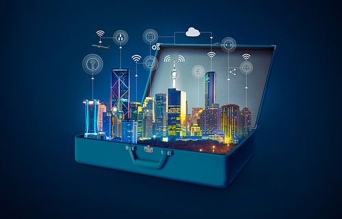 Smart city with smart services and icons, internet of things, networks in an open retro vintage suitcase isolated on blue background .