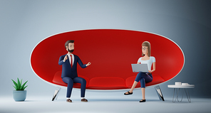 Cartoon character businessman and woman using laptop sitting in red couch. Business meeting interview concept. 3d rendering