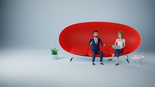 Cartoon character businessman and woman using laptop sitting in red couch. Business meeting interview concept. 3d rendering