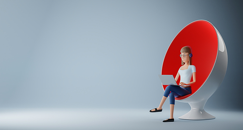 Businesswoman characters sitting in an egg chair with laptop .3d rendering.