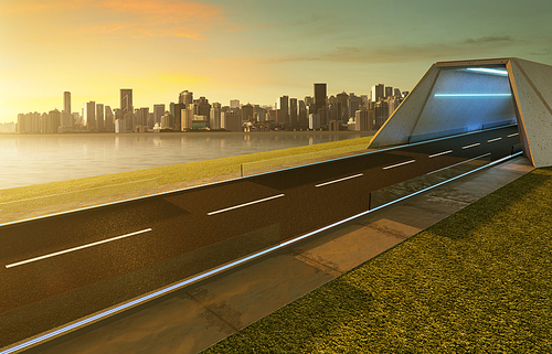Empty asphalt road with tunnel ,greenfield and modern city skyline background . Mixed media .