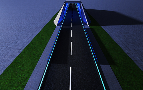 Aerial view of smart tunnel with neon light , grass and stone marble floor background . 3D render image .