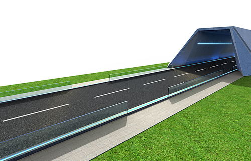 3d Render road with tunnel and greenfield , isolated on white .