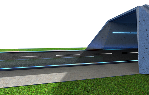 3d Render road with tunnel and greenfield , isolated on white . Side view .