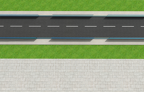 3d Render road with tunnel and greenfield , top angle aerial view  .