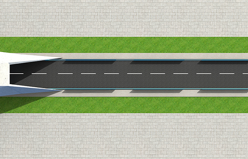3d Render road with tunnel and greenfield , top angle aerial view  .