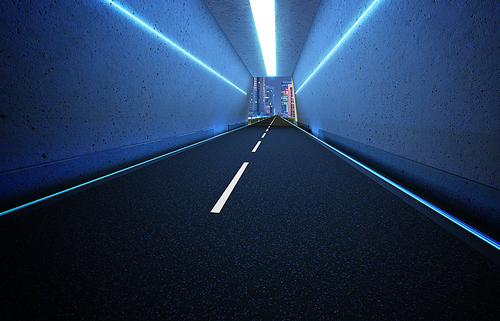 Tunnel road with neon light . 3D rendering .