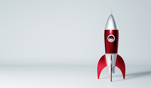 Rocket metallic red and silver antique style isolated on white. Startup creative concept .3D rendering.
