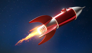 Metallic red and silver antique style rocket space ship launch on space. Startup creative concept .3D rendering.