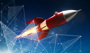 Metallic red antique style rocket space ship launch on space with geometric pattern graphic effect background . Startup creative concept .3D rendering.