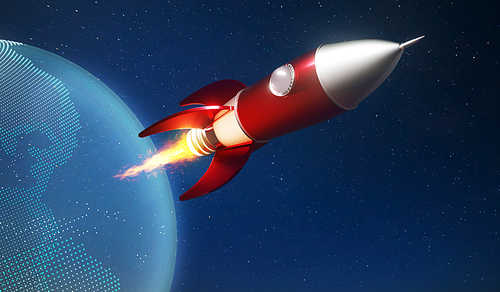 Metallic red antique style rocket space ship launch on space with digital earth graphic background . Startup creative concept .3D rendering.