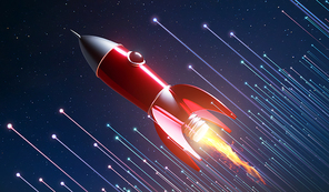 Metallic red antique style rocket space ship launch on space with light graphic effect background . Startup creative concept .3D rendering.