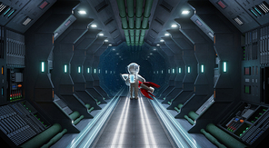Homesick astronaut stand in window end of corridor spaceship. Scifi fiction concept. 3d rendering.