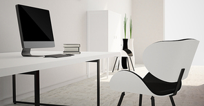 Home office interior with desk, computer, plant and furniture. 3d rendering