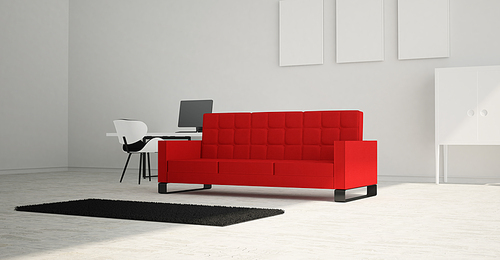 Modern and minimalist bright interior of living room with red sofa and white furniture . 3d rendering .