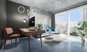 Home office interior with desk, computer, plant, furniture and window with city background. Photorealistic 3d rendering
