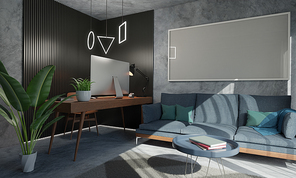 Home office interior with desk, computer, plant and furniture. Photorealistic 3d rendering