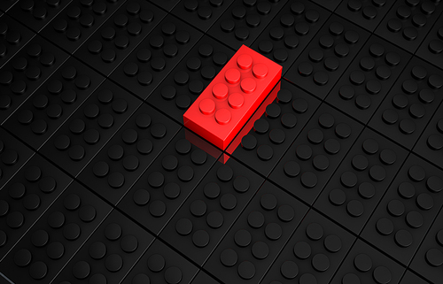 3D rendering red toy bricks standing out from crowd of black toy bricks .  Leadership, independence, initiative, strategy, dissent, think different, uniqueness ,business success concept .
