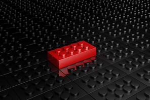 3D rendering red toy bricks standing out from crowd of black toy bricks .  Leadership, independence, initiative, strategy, dissent, think different, uniqueness ,business success concept .