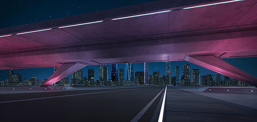 Empty asphalt road under the bridge during the night with beautiful city skyline background .3D rendering