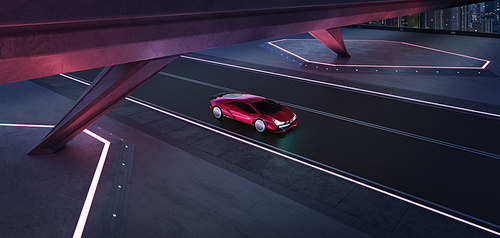 Non-existent brand-less generic concept red sport car on the  road under the bridge during the night with beautiful city skyline background. 3D rendering and mixed media composition .