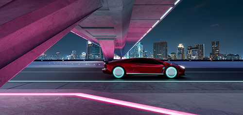 Non-existent brand-less generic concept red sport car on the  road under the bridge during the night with beautiful city skyline background. 3D rendering and mixed media composition .