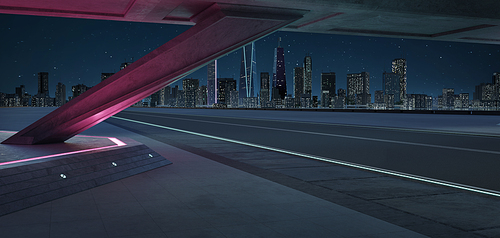Empty asphalt road under the bridge during the night with beautiful city skyline background .3D rendering