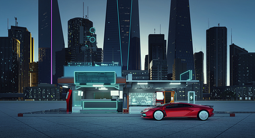 Non-existent brand-less generic concept red sport car parking at front of futuristic charging station with city skyline background. 3D rendering