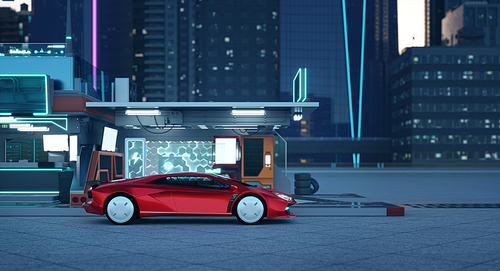 Non-existent brand-less generic concept red sport car parking at front of futuristic charging station with city skyline background. 3D rendering