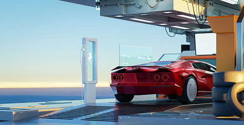 Non-existent brand-less generic concept red sport car in the futuristic garage. 3D rendering