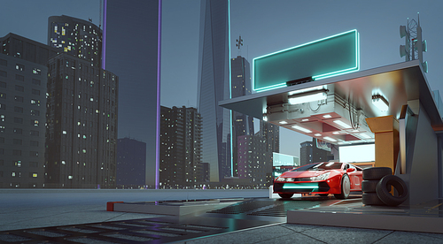 Non-existent brand-less generic concept red sport car in the futuristic garage with city skyline background. 3D rendering