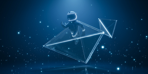 Astronaut escape from the glowing transparent polygonal module with glowing particle dark blue background. Concept of science fiction and cosmic art. 3d rendering