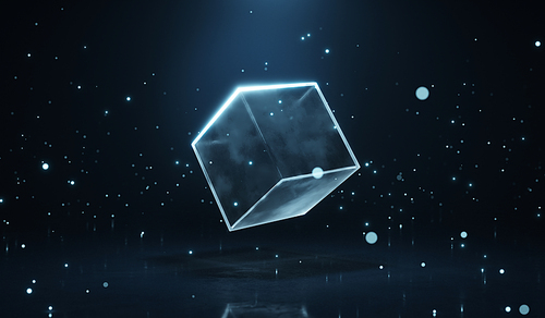 Abstract glowing transparent cube module with glowing particle dark blue background. 3d rendering