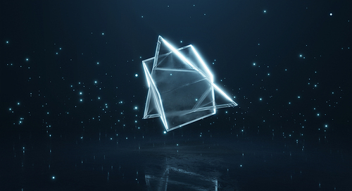 Abstract glowing transparent mixing polygonal module with glowing particle dark blue background. 3d rendering
