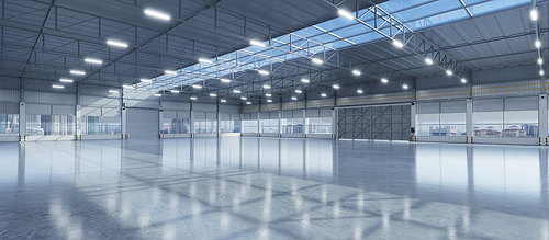 Industrial building warehouse interior with polished concrete floor and style transparent glass roof top. 3d rendering