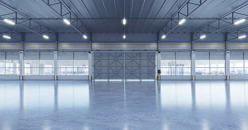 Industrial building warehouse interior with polished concrete floor and style glass window wall. 3d rendering