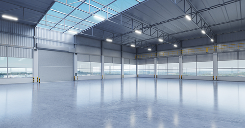 Industrial building warehouse interior with polished concrete floor and style transparent glass roof top. 3d rendering