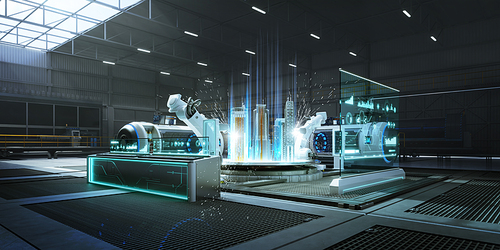 Futuristic factory or workshop with assembly robot arms and virtual interface. Concept of industry 4.0 technology and smart futuristic factory. 3d rendering