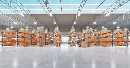 Panoramic view of warehouse with high shelves and goods. 3d rendering