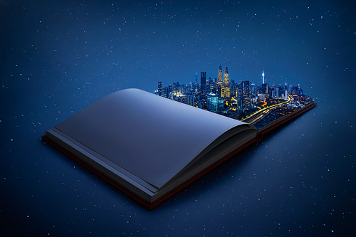 Night beautiful scene of modern city skyline pop up in the open book pages.