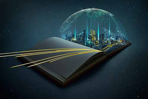 Night beautiful scene of modern city skyline pop up in the open book pages with smart relief covered system and complex luminous network of dynamic lights speed routes .