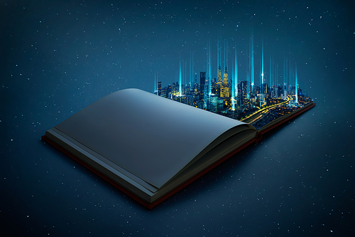 Night beautiful scene of modern city skyline pop up in the open book pages with smart big data  wireless connections iot automation system .