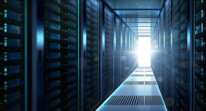 Big data center storage with full of rack servers and light flare effect  .Cloud server room 3D rendering .